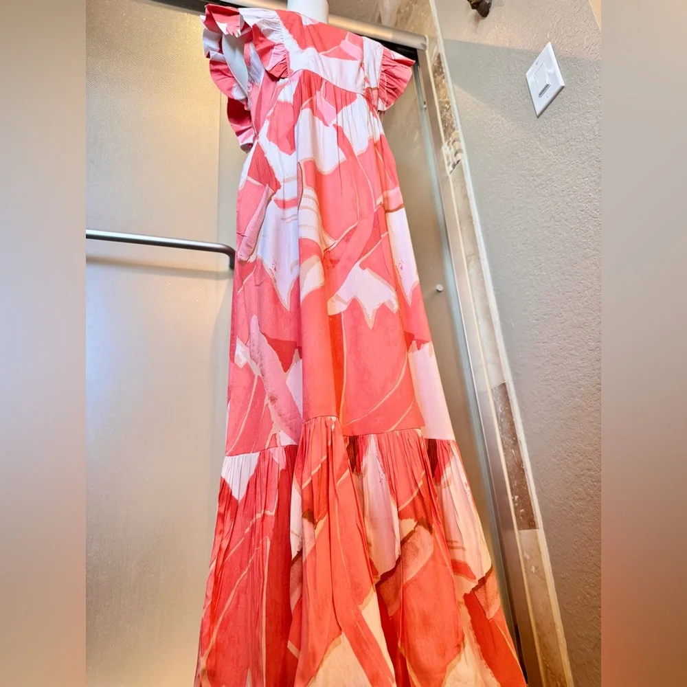 PETAL & PUP Ruffle Sleeve Vibrant Coral & White Tiered Maxi Dress